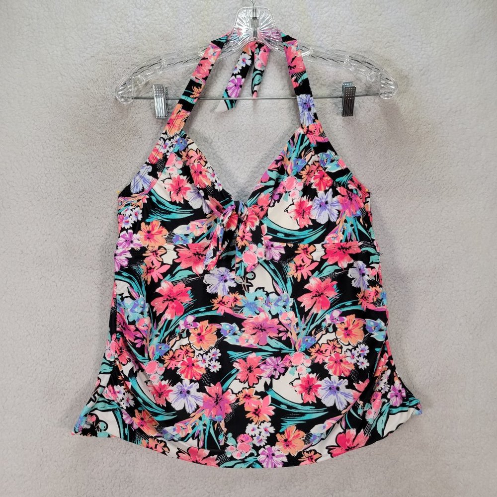 Collections by Catalina Pink Floral Halter Ruched Bow Plus Size Swimsuit Top